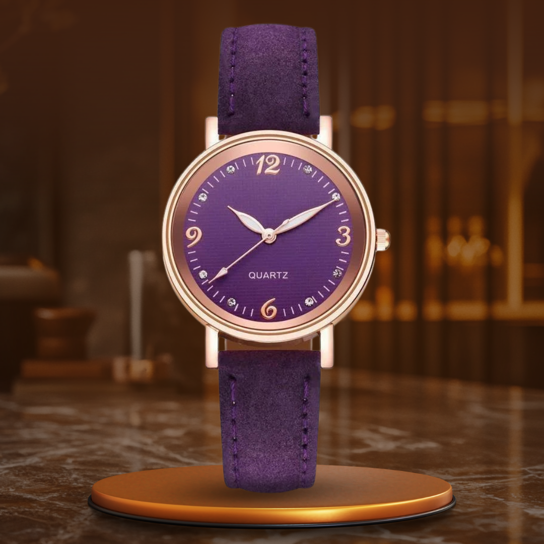 Women’s Elegant Quartz Watch | Slim Case | Crystal Hour Markers | Leather Strap