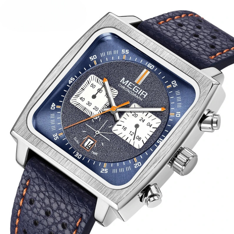 Men’s Chronograph | 43.5 mm | Silver/Blue Leather | 3 ATM