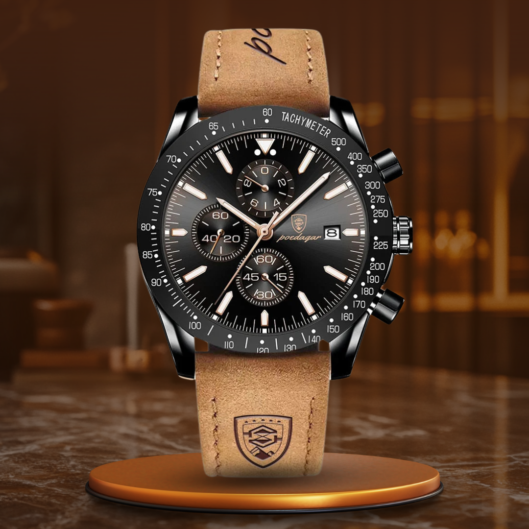 Men’s Sport Chronograph Quartz Watch | 44 mm Case | Date & Tachymeter Bezel | 3 ATM WR | Leather Strap