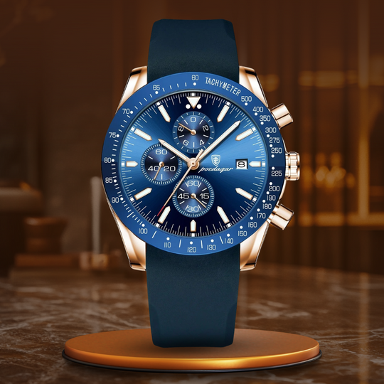 Men’s Sport Chronograph Quartz Watch | 44 mm Case | Date & Tachymeter Bezel | 3 ATM WR | Leather Strap