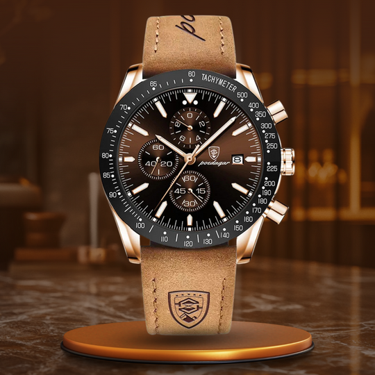 Men’s Sport Chronograph Quartz Watch | 44 mm Case | Date & Tachymeter Bezel | 3 ATM WR | Leather Strap