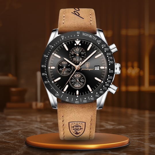 Men’s Sport Chronograph Quartz Watch | 44 mm Case | Date & Tachymeter Bezel | 3 ATM WR | Leather Strap