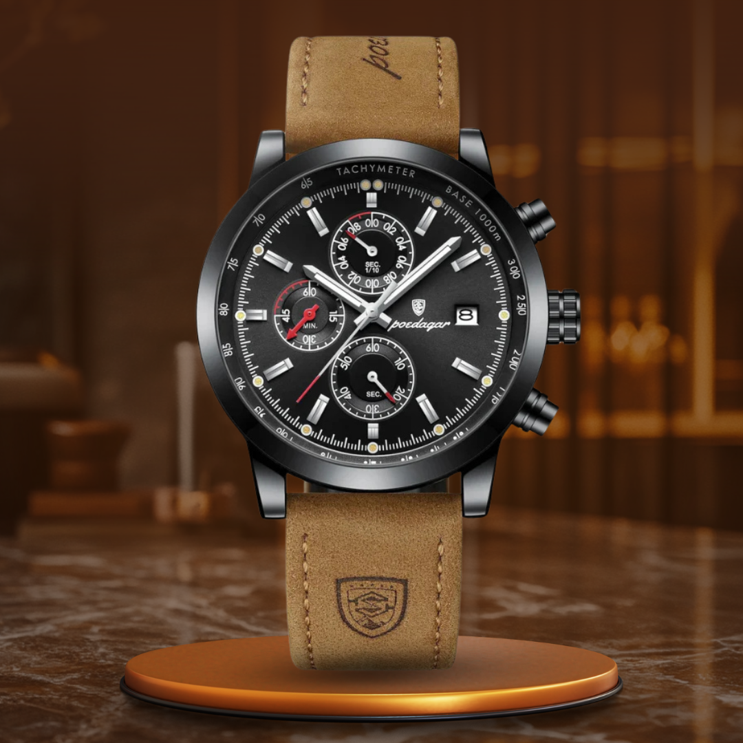 Men’s Chronograph Watch | Tachymeter Bezel | 44 mm Case | Leather Strap | 3 ATM