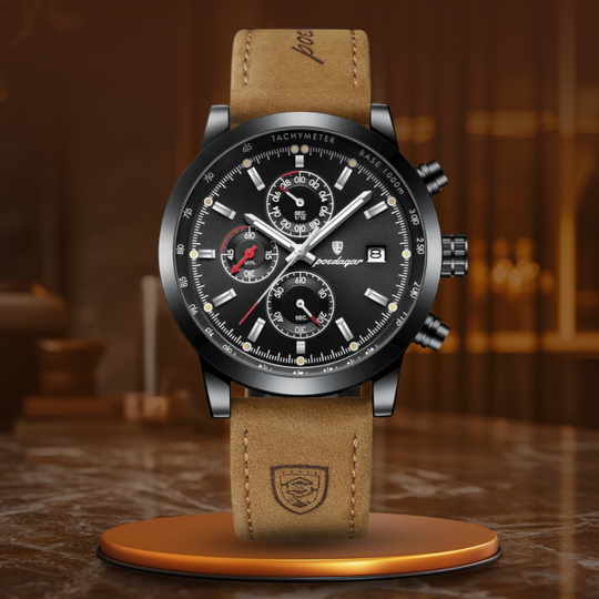 Men’s Chronograph Watch | Tachymeter Bezel | 44 mm Case | Leather Strap | 3 ATM