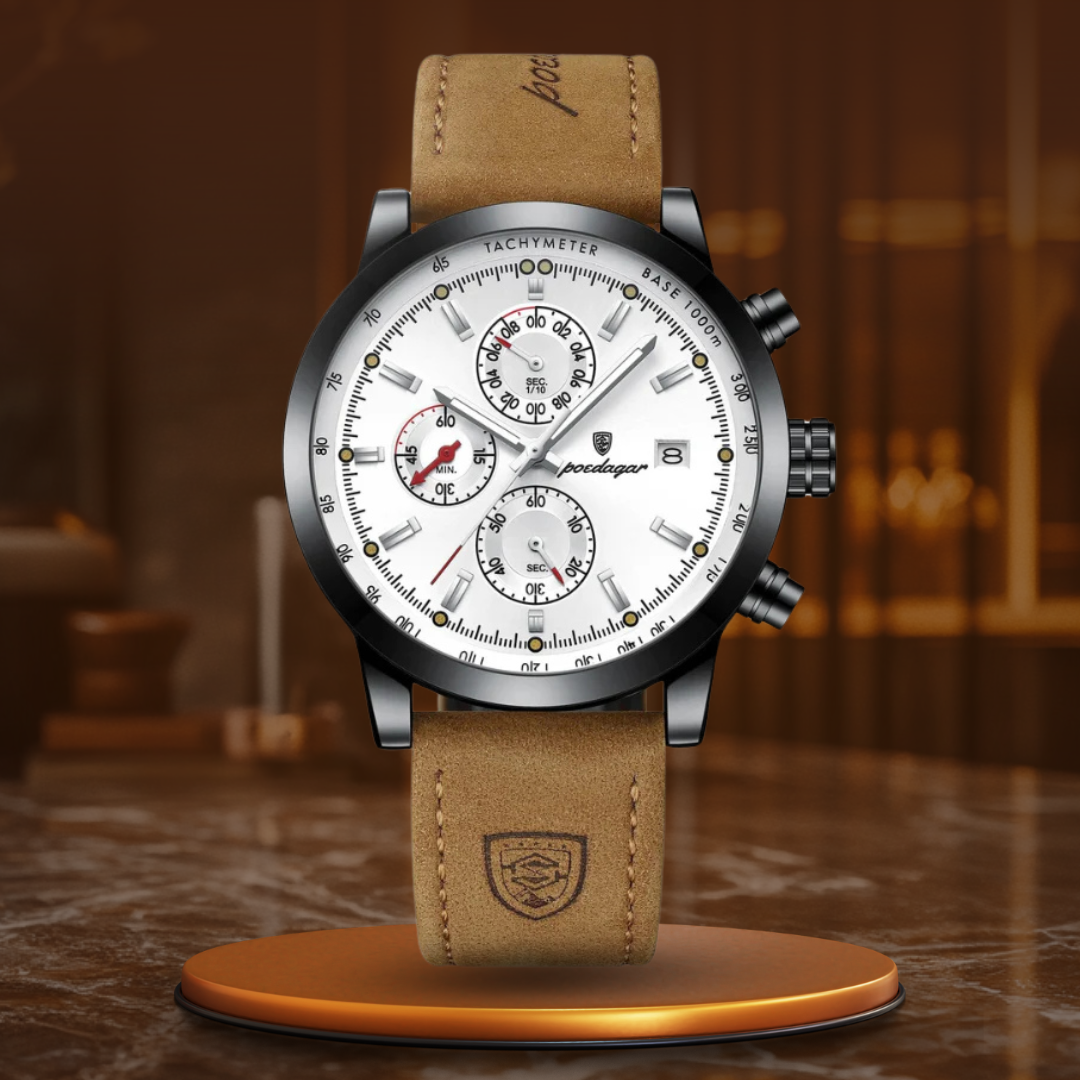 Men’s Chronograph Watch | Tachymeter Bezel | 44 mm Case | Leather Strap | 3 ATM