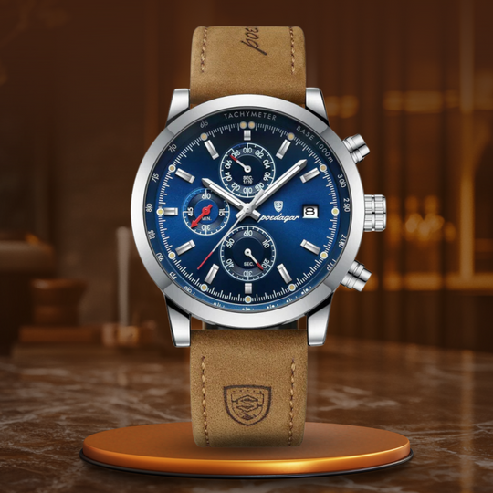 Men’s Chronograph Watch | Tachymeter Bezel | 44 mm Case | Leather Strap | 3 ATM
