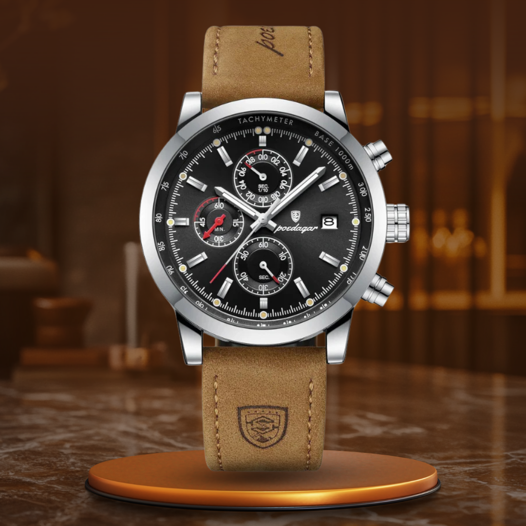Men’s Chronograph Watch | Tachymeter Bezel | 44 mm Case | Leather Strap | 3 ATM