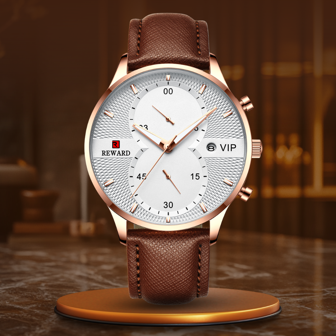 Men's Chronograph Watch | 45 mm | Leather Strap | Quartz Movement | Date Display | 3 ATM