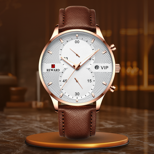 Men's Chronograph Watch | 45 mm | Leather Strap | Quartz Movement | Date Display | 3 ATM