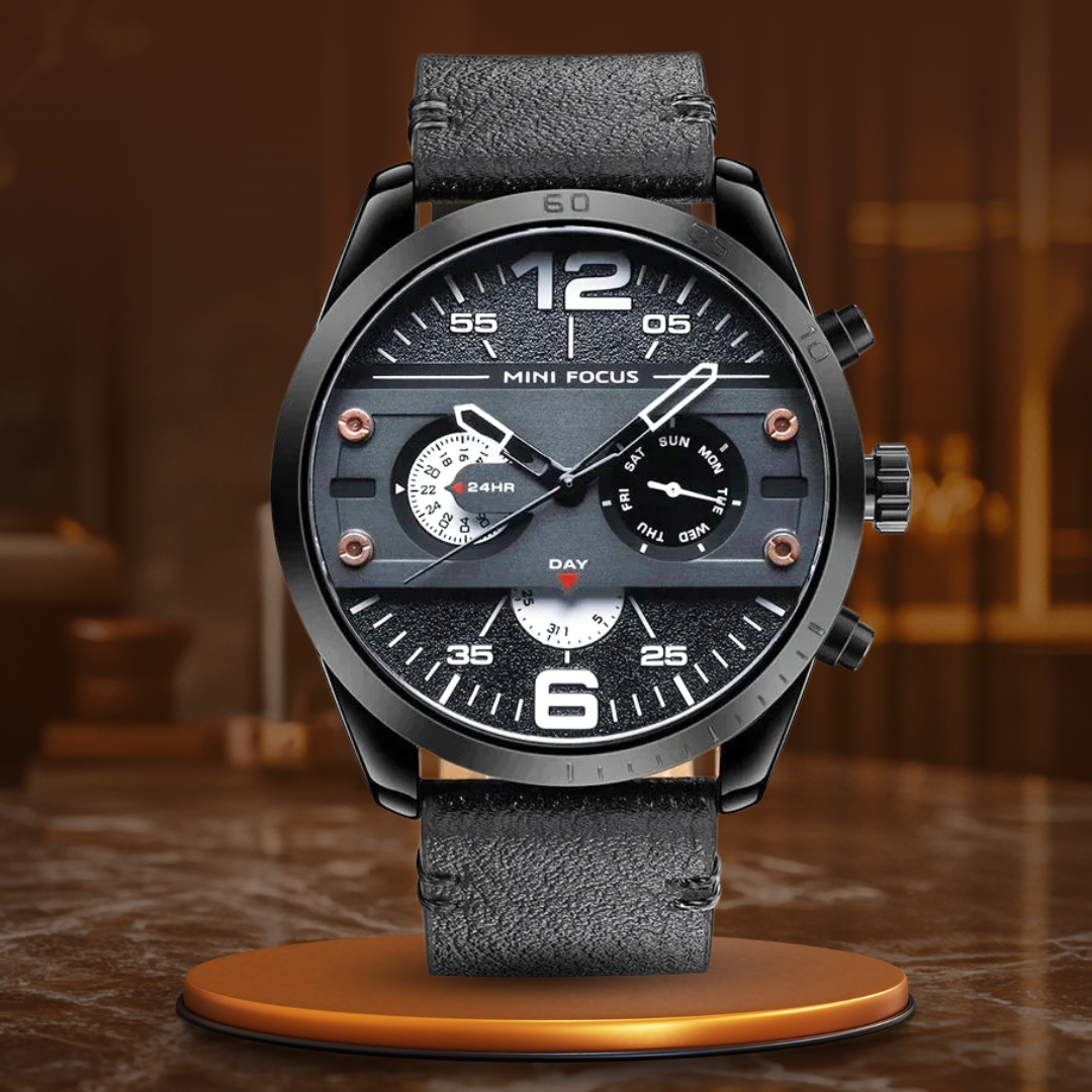 Men’s Quartz Chronograph Watch 48 mm | Leather Strap | Sport/Business Style | 3 ATM Water Resistant