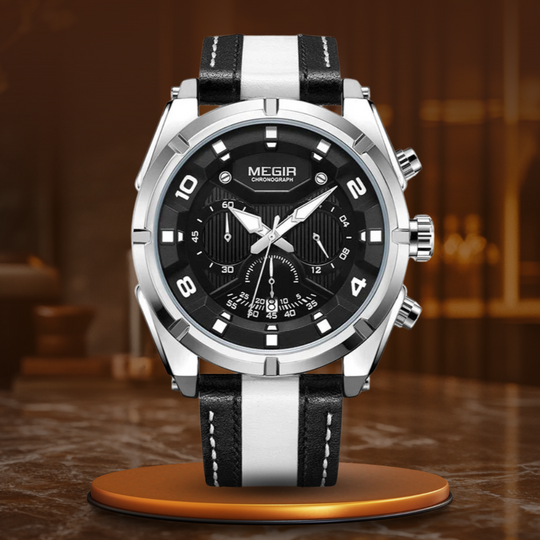 Men’s Military Sport Chronograph Watch 47 mm | Quartz Movement | Leather Strap | 3 ATM Water Resistant