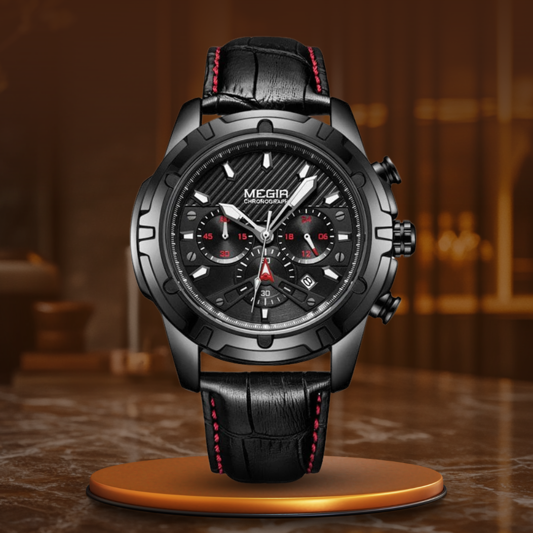 Men’s Luxury Chronograph 47 mm | Quartz Sports Watch with Leather Strap | Military Design | 3 ATM