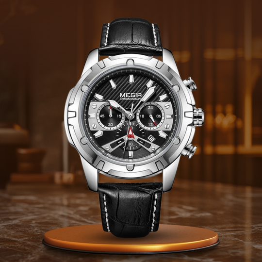 Men’s Luxury Chronograph 47 mm | Quartz Sports Watch with Leather Strap | Military Design | 3 ATM