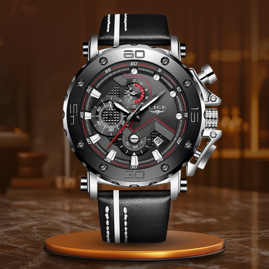 Men’s Military Chronograph Sports Watch | 42 mm Case | Leather Strap | 3 ATM Water Resistant