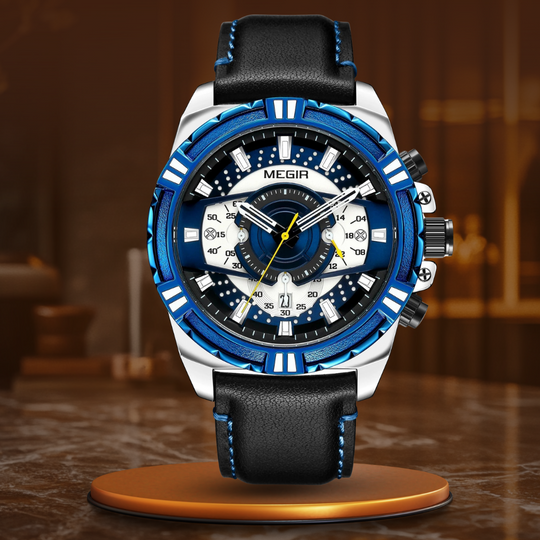 Men’s Sport Chronograph Watch | 47 mm Oversize Case | Date Display | 3 ATM | Leather Strap