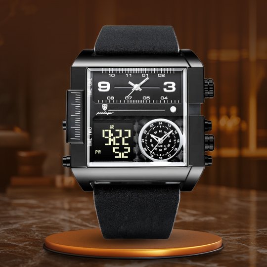 Men's Luxury Analog-Digital Dual Time Watch | 51 mm Square Case | Leather Strap | Calendar & Backlight | 3 ATM