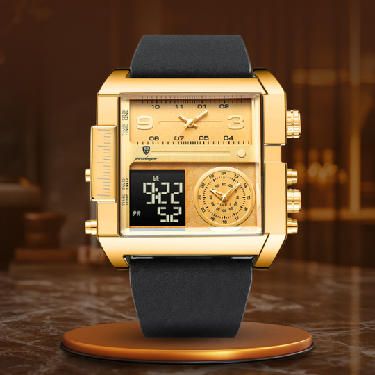 Men's Luxury Analog-Digital Dual Time Watch | 51 mm Square Case | Leather Strap | Calendar & Backlight | 3 ATM