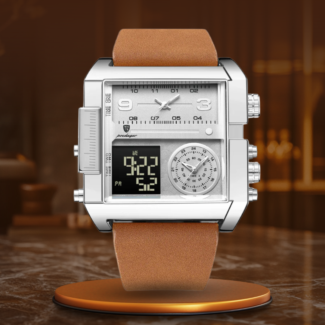 Men's Luxury Analog-Digital Dual Time Watch | 51 mm Square Case | Leather Strap | Calendar & Backlight | 3 ATM