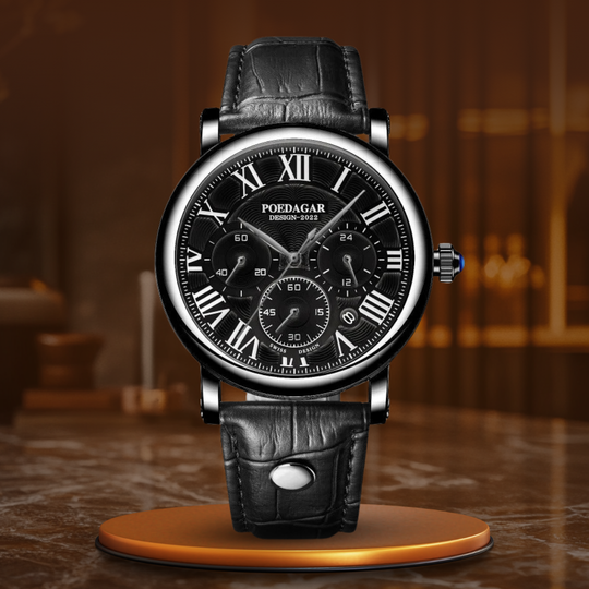 Men’s Classic Chronograph Quartz Watch | 40 mm Case | Roman Dial | Leather Strap | Date Display