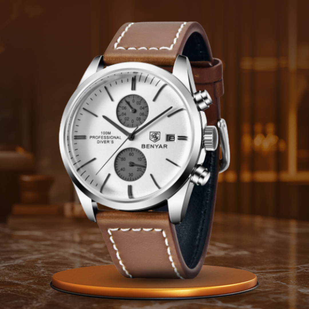 Men’s Chronograph Quartz Watch | 42 mm Case | Leather Strap | Date | 3 ATM Water Resistant