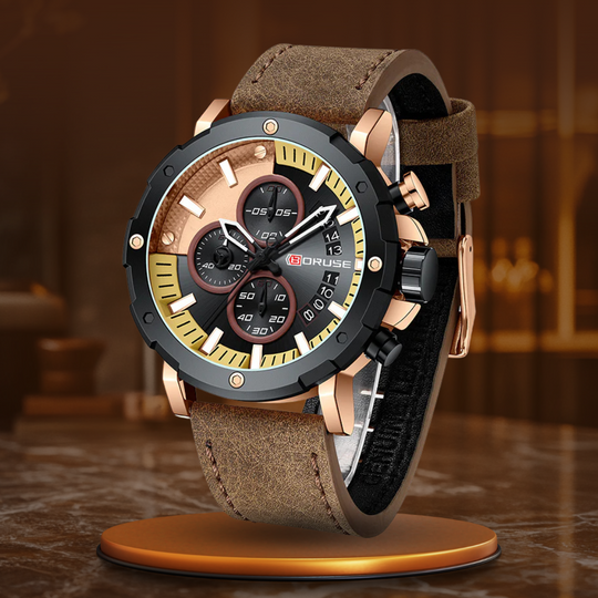 Men's Chronograph Watch 47 mm | Sport-Business Design | Leather Strap | Quartz Movement | 3 ATM Water Resistant
