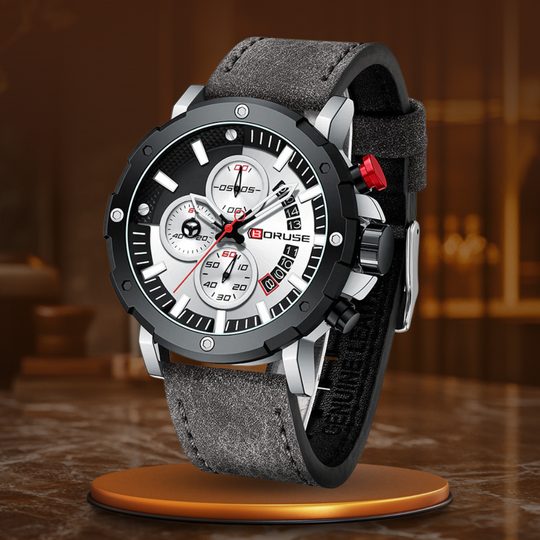 Men's Chronograph Watch 47 mm | Sport-Business Design | Leather Strap | Quartz Movement | 3 ATM Water Resistant