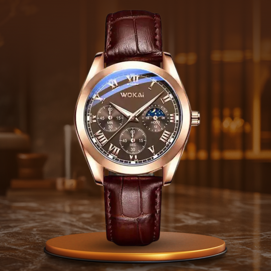 Men’s Business Moonphase Quartz Watch | Chronograph-Style Dial & Calendar | Leather Strap