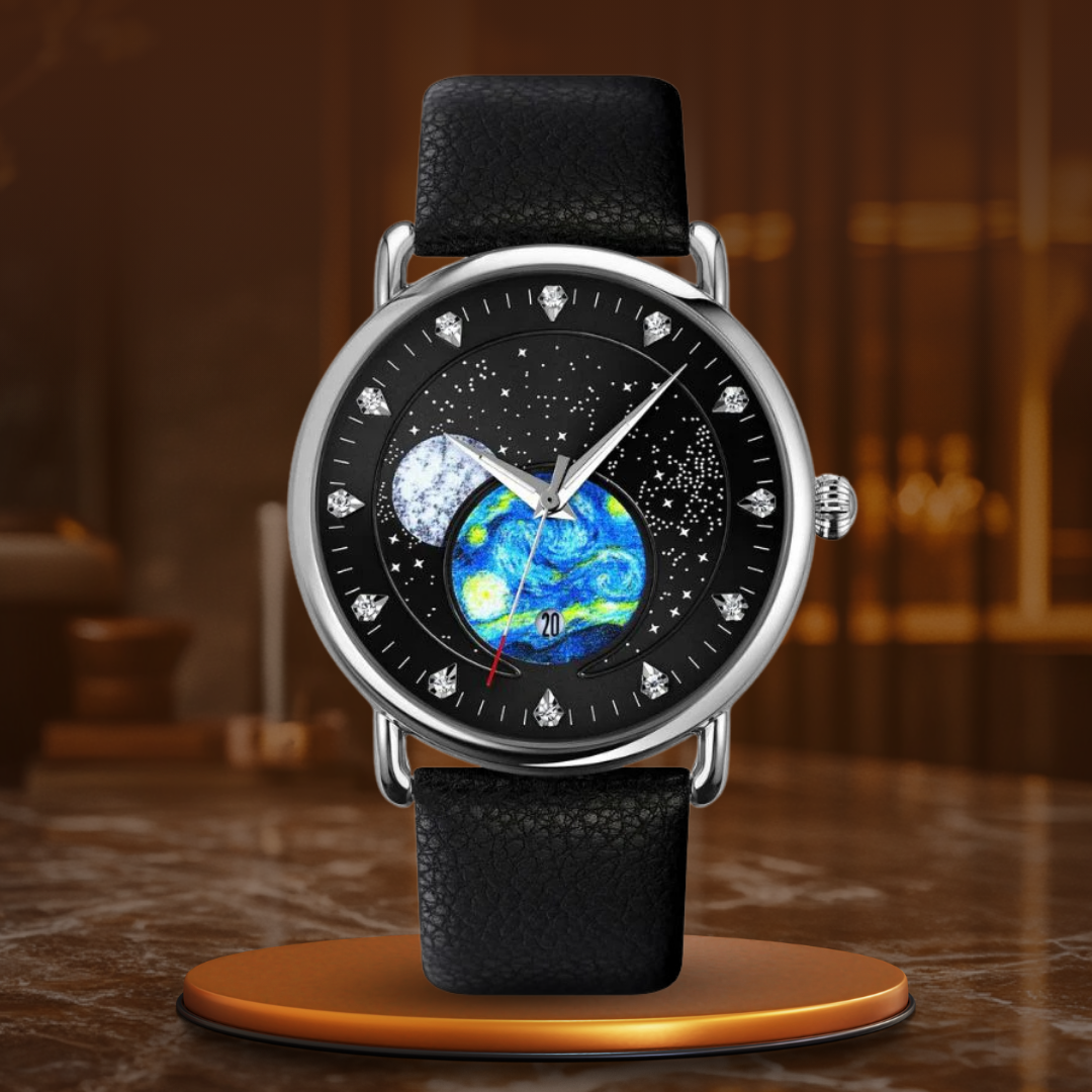 Unisex starry-sky quartz watch | 43 mm case | mesh steel strap | calendar | 3 ATM water resistant