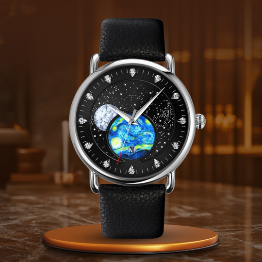 Unisex starry-sky quartz watch | 43 mm case | mesh steel strap | calendar | 3 ATM water resistant
