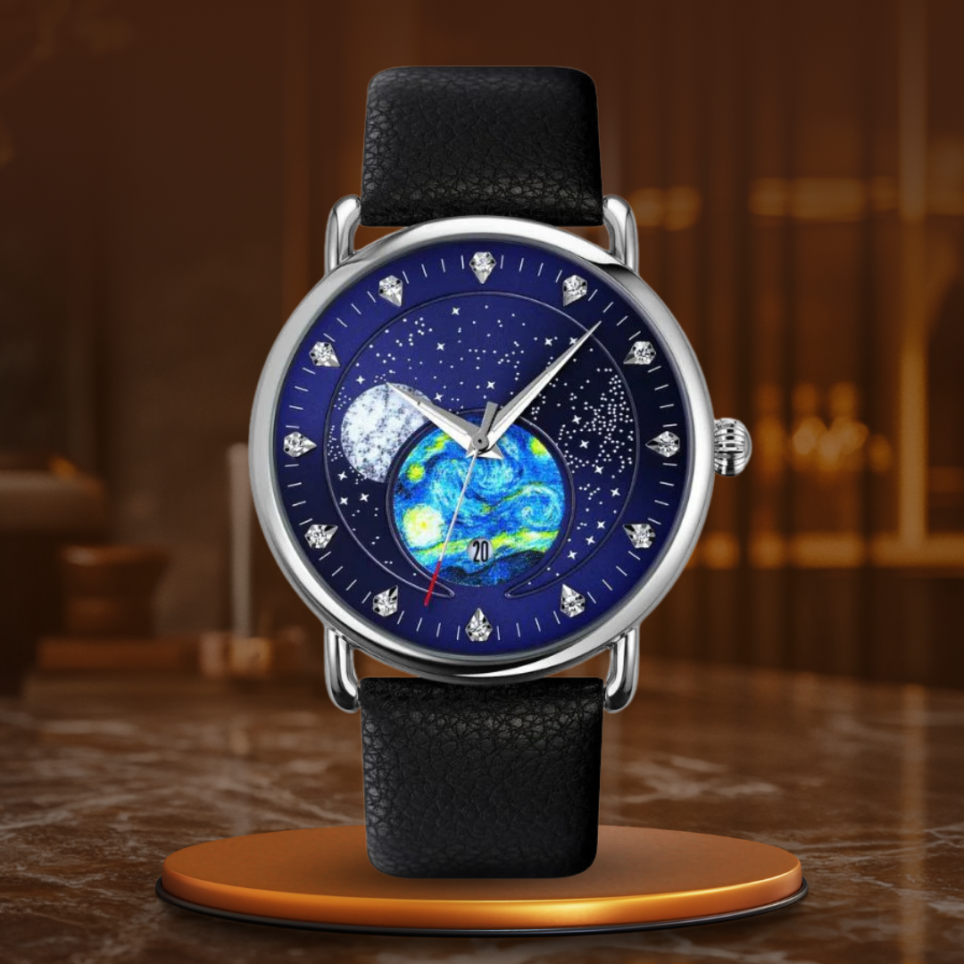 Unisex starry-sky quartz watch | 43 mm case | mesh steel strap | calendar | 3 ATM water resistant
