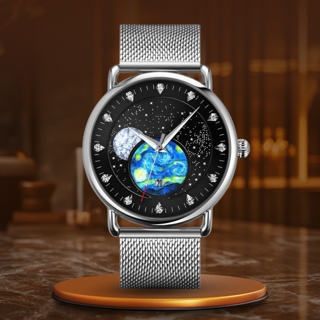 Unisex starry-sky quartz watch | 43 mm case | mesh steel strap | calendar | 3 ATM water resistant