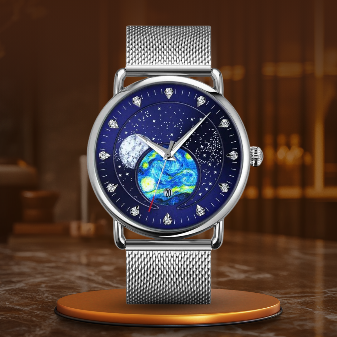 Unisex starry-sky quartz watch | 43 mm case | mesh steel strap | calendar | 3 ATM water resistant