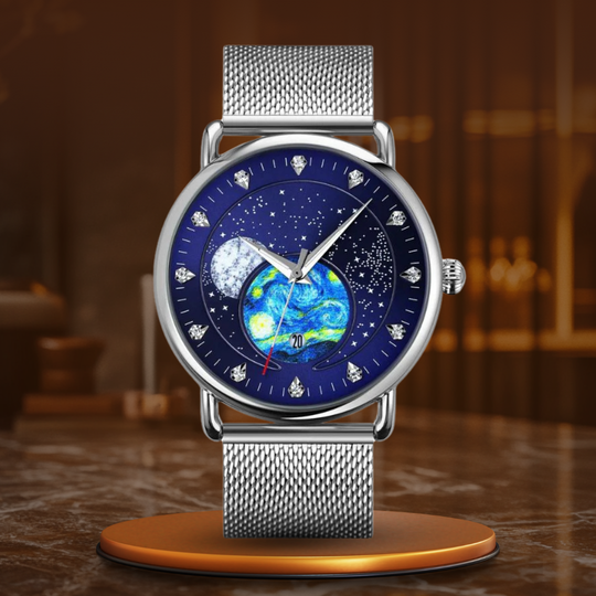 Unisex starry-sky quartz watch | 43 mm case | mesh steel strap | calendar | 3 ATM water resistant