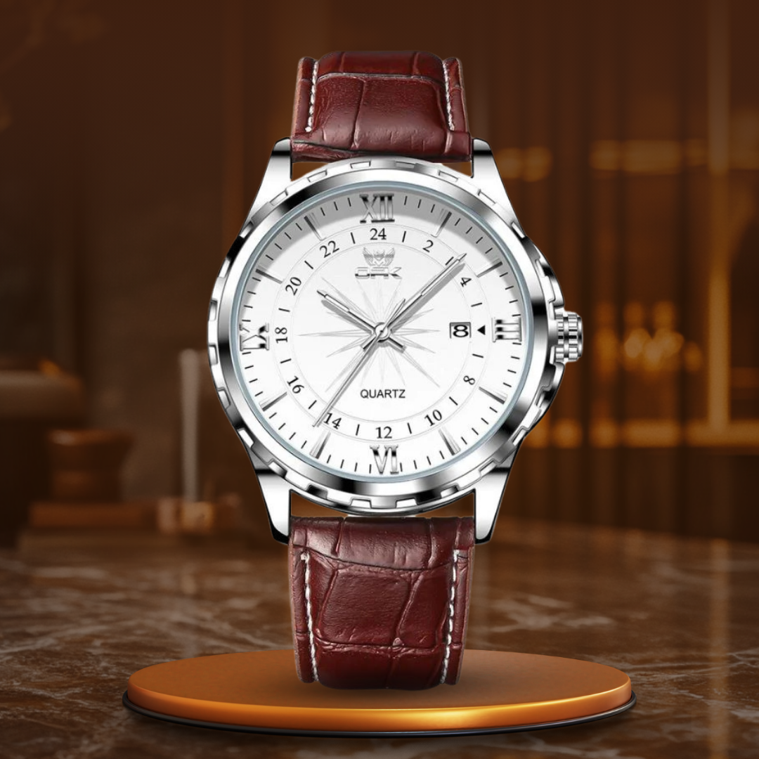 Men’s Classic Business Quartz Watch 40 mm | Leather Strap | Date Window | 24h Scale | 3 ATM