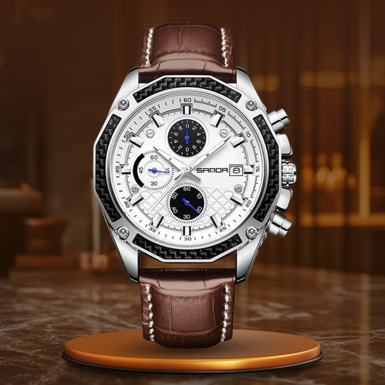 Men’s Racing Chronograph Quartz Watch | 42 mm Case | Brown Leather Strap | Date & Luminous | 3 ATM Water Resistant