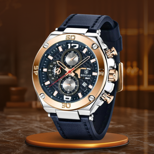 Men’s Luxury Sport Chronograph Watch | Quartz | 45 mm Case | Leather Strap | 3 ATM
