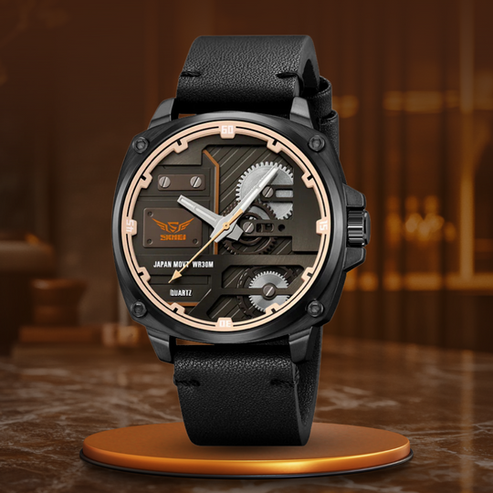 Men’s Industrial Quartz Watch | 50 mm | Leather Strap | 3 ATM Water-Resistant