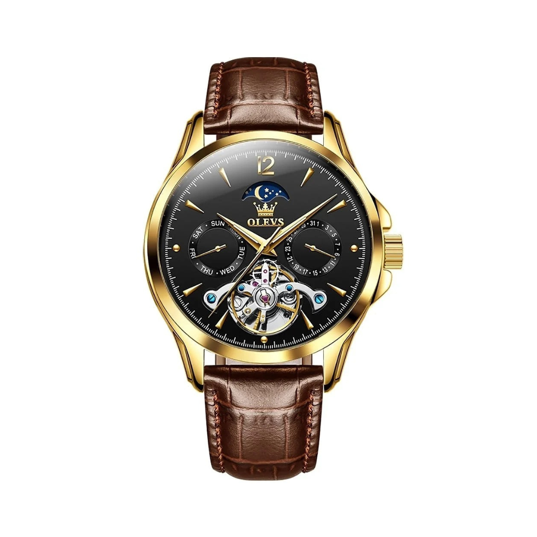 Men’s Luxury Moonphase Quartz Watch 42 mm | Open-Heart Day-Date Dial | Leather Strap | 3 ATM