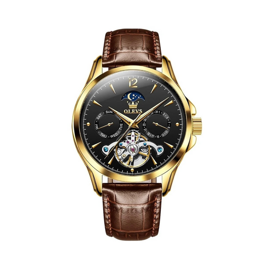 Men’s Luxury Moonphase Quartz Watch 42 mm | Open-Heart Day-Date Dial | Leather Strap | 3 ATM