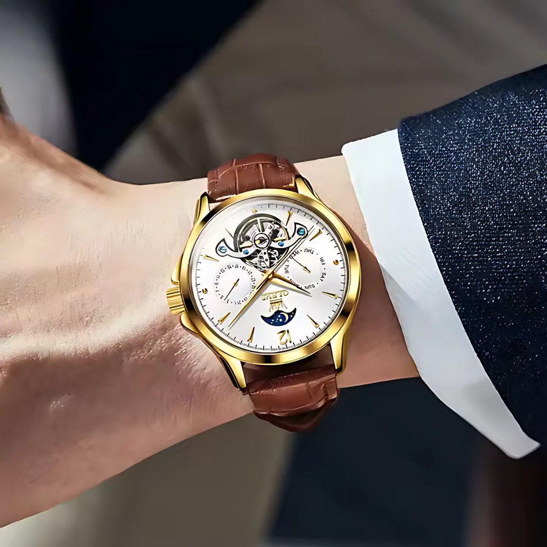 Men’s Luxury Moonphase Quartz Watch 42 mm | Open-Heart Day-Date Dial | Leather Strap | 3 ATM