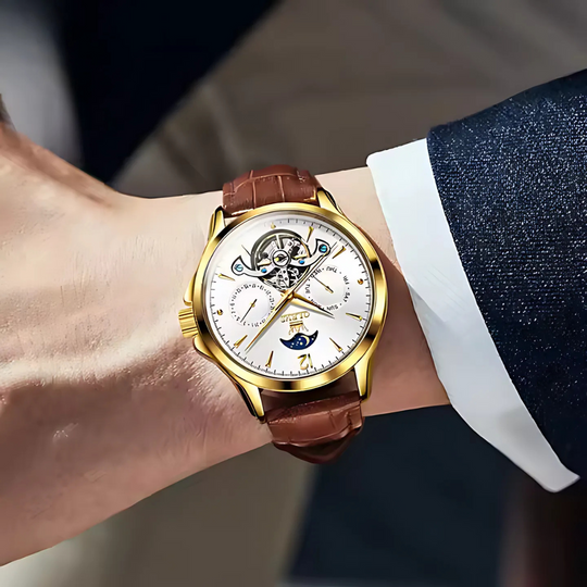 Men’s Luxury Moonphase Quartz Watch 42 mm | Open-Heart Day-Date Dial | Leather Strap | 3 ATM