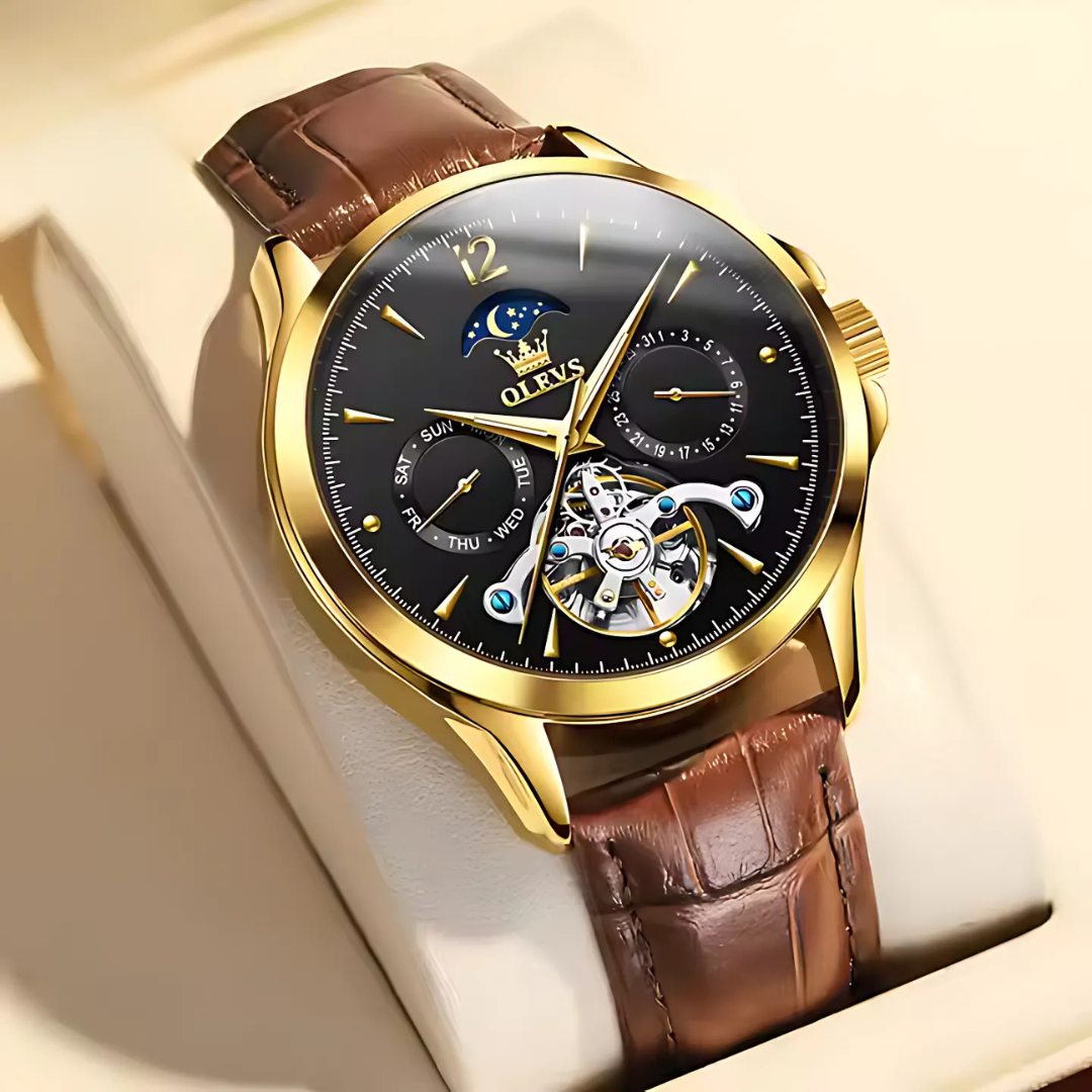 Men’s Luxury Moonphase Quartz Watch 42 mm | Open-Heart Day-Date Dial | Leather Strap | 3 ATM