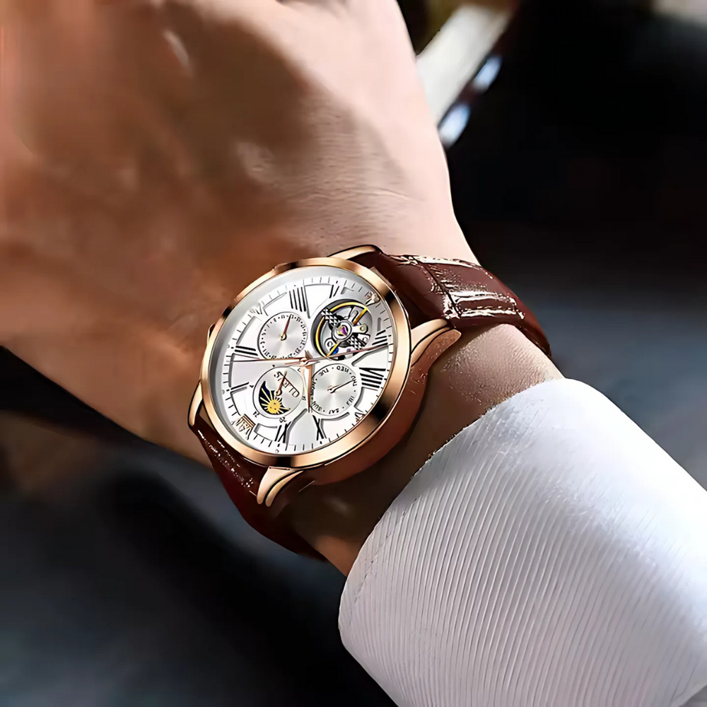 Men’s Luxury Moonphase Quartz Watch 42 mm | Open-Heart Day-Date Dial | Leather Strap | 3 ATM