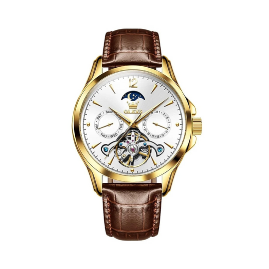 Men’s Luxury Moonphase Quartz Watch 42 mm | Open-Heart Day-Date Dial | Leather Strap | 3 ATM