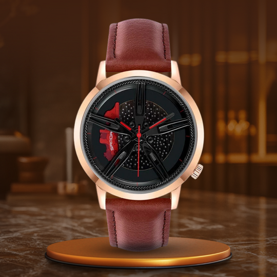 Men’s Racing Wheel Dial Watch | 41 mm | Car-Inspired Quartz | Brown Leather Strap | 3 ATM