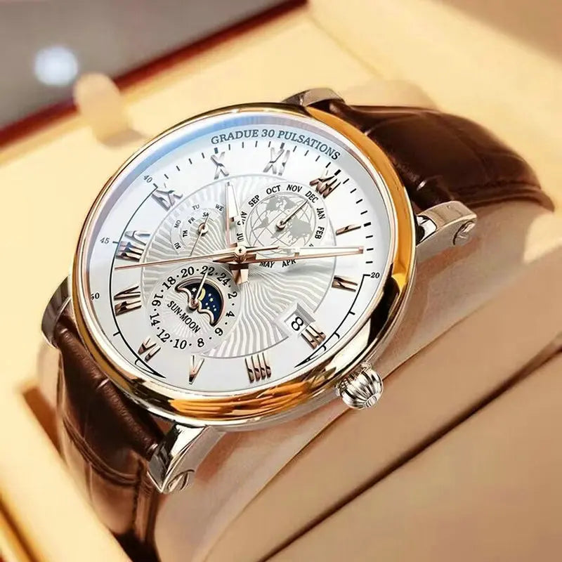 Men’s Business Moonphase Quartz Watch | Chronograph-Style Dial & Date | Leather Strap