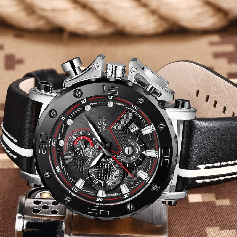 Men’s Military Chronograph Sports Watch | 42 mm Case | Leather Strap | 3 ATM Water Resistant