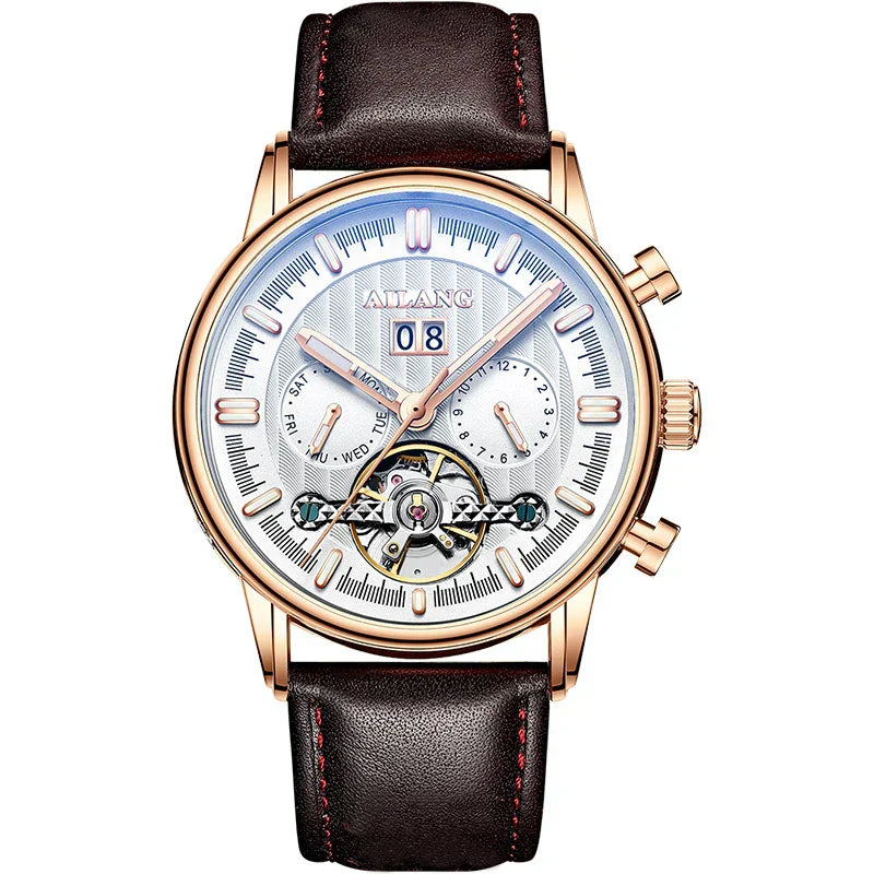 Men’s Tourbillon-Style Automatic Watch 41 mm | Day-Date Dual Subdial | Leather Strap | 3 ATM
