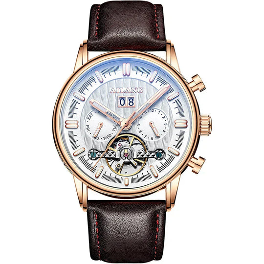 Men’s Tourbillon-Style Automatic Watch 41 mm | Day-Date Dual Subdial | Leather Strap | 3 ATM
