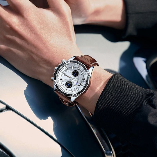 Men’s Racing Chronograph Quartz Watch | 42 mm Case | Brown Leather Strap | Date & Luminous | 3 ATM Water Resistant